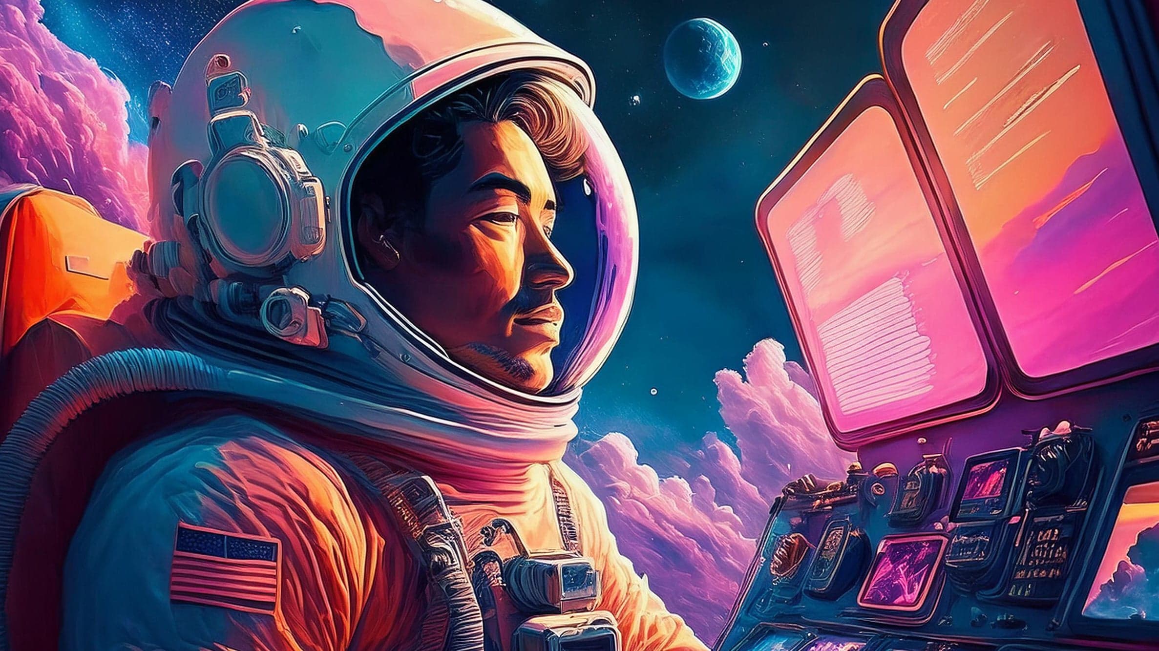 An astronaut on a spacewalk trying to read safety instructions